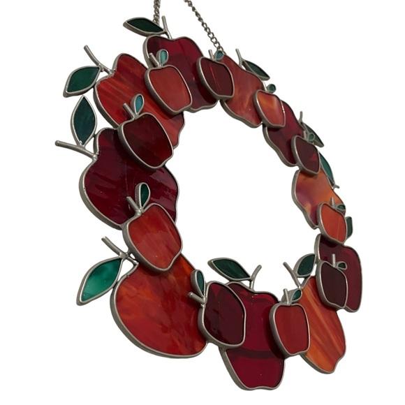 Vintage 90s Stained Glass Style Apple Wreath Window Hanging Suncatcher - Picture 2 of 9